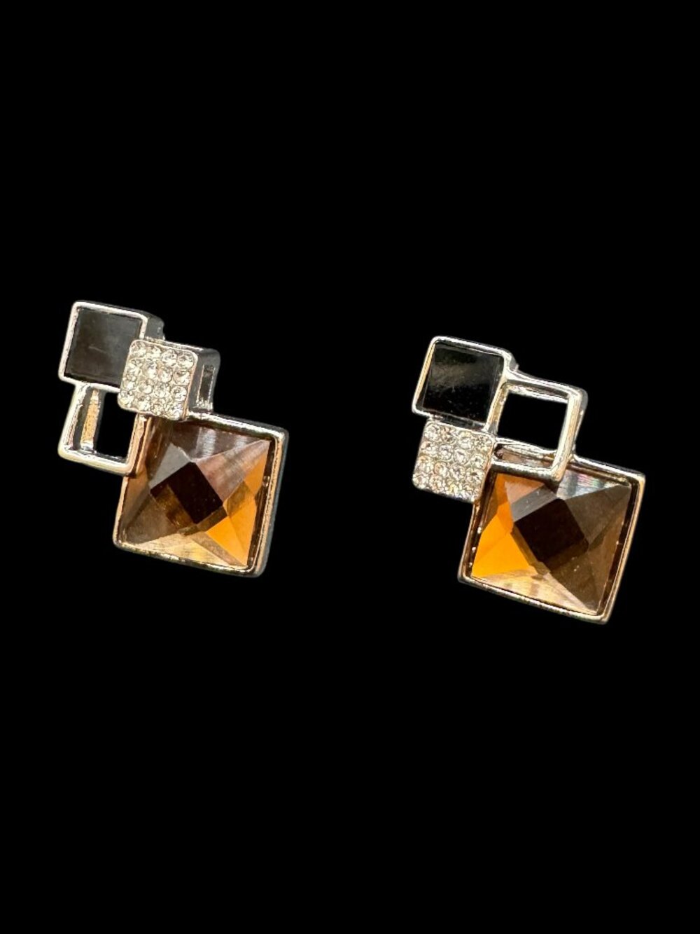 Silver Tone Pierced Earrings Amber Colour Square Stone, Black and Clear. Stones